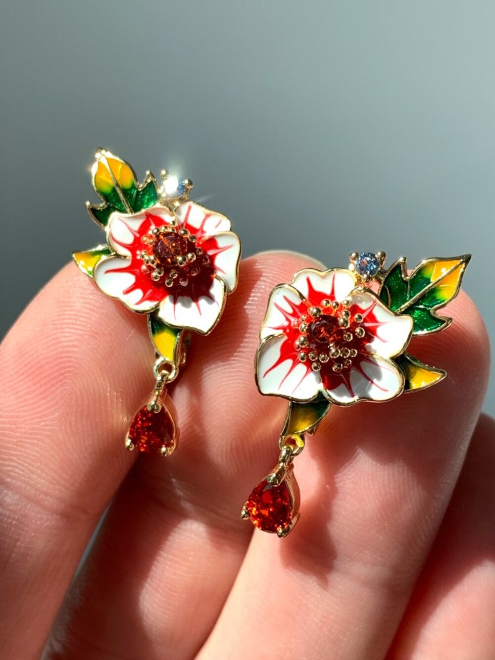 NEW ~ Anthropologie Enamel Flower Crystal Drop Lever Back Earrings - Picture 6 of 16